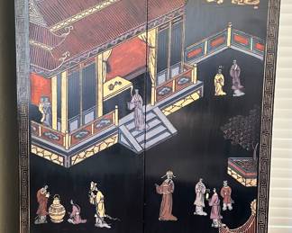 One of Two Available Henredon Black Lacquer Hand Painted China Cabinets, 34"W x 20" x 34"H.