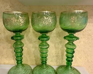 Lovely Moser Green and Gilded Crystal Wine Glasses Circa 1900's, Set of 6 Available.