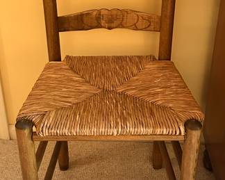 Vintage Armless Ladder Back, Wicker Woven Rush Seat Chair with Heart Engraving.