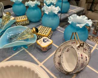 One of Many Beautiful Fenton Poppy Blue Ruffle Top Vase Shown with a Shelley Teacup Set, Jivago 24K Perfume and More!