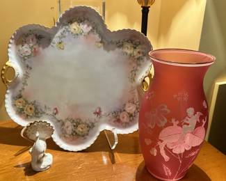 Gorgeous Antique Cameo Bohemian Glass Vase Shown with a Vintage Ceramic Peacock Figurine and a Lovely Hand Painted Serving Tray.