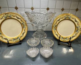 Stunning Set of 12 Lenox "Renaissance" Vintage Dinner Plates Shown with a Vintage Fostoria Chintz Etched Flared Crystal Bowl, Vintage McKee Early American Dishes and 1880's Finecut Shell EAPG Individual Butter Pat Dishes.