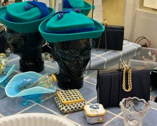 Beautiful Home Decor and Fashion Accessories Available Including a Vintage Colorful Ceramic Trinket Dish by Jay Wilfred of Andrea Sadek, Jivago 24K Perfume Displayed in Vintage Jefferson/Northwood Opalescent Glass Footed Dish & Walton-Pierce Hat.