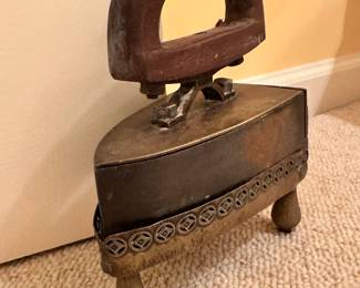 Antique Cast Iron Clothes Press in Elegant Brass Stand.