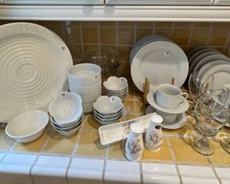 Beautiful Porcelain Lotus Bowls, A Great Wordware Chips & Salsa Set, a Gibson Dinner Set and Aynsley Salt, Pepper and Butter Dish Set.
