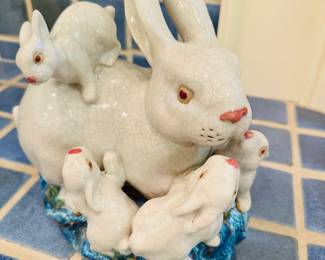 Vintage Majolica Mom And Baby Rabbits Figurine in Raku Stule/Crackle Pottery, 10" Tall.