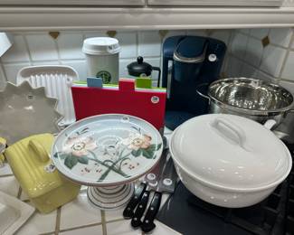 Beautiful Kitchenware Available including a Vintage HandPainted Footed Pedestal Cake Plate, Over & Back Lidded Soup Tureen, Navy Keurig, and Fabulous Starbucks Coffee Grounds Canister.