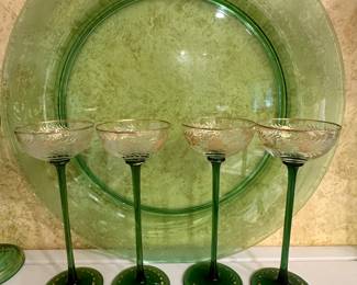 Delicate Antique Venetian Green and Gold Cocktail Glasses Shown with a Stunning Fostoria Green Depression Glass "Seville" Plate.