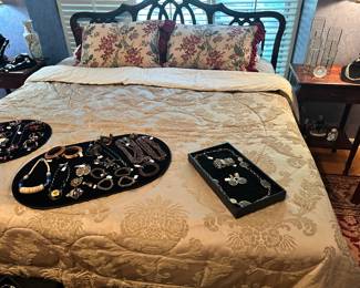 Gorgeous Custom Made King Sized Bedspread Shown with Still More Jewelry and Gorgeous Solid Wood Headboard.