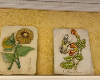 Delightful Vintage Hen-Feathers 3-D Resin Art Wall Plaques, Set of Four Available, 7" x 9.5".