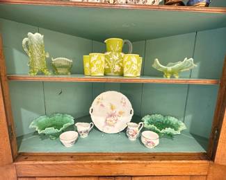 Vibrant Webb Cameo Glass Pitcher and Glasses Shown with Northwood Depression Glass & Vaseling Opalescent Glass Town Pump Embossed Tree Trunk Vase and More!