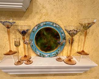 Stunning Set of 4 Antique Myers Neffe Wine Glasses Shown with an Antique George Jones Majolica Plate (10.5") with Apple Blossom Embellishments.