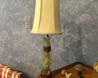 19th Century Chinese Hand Carved Jadeite Quarts Table Lamp on Carved Rosewood Base, Rare and Stunning!