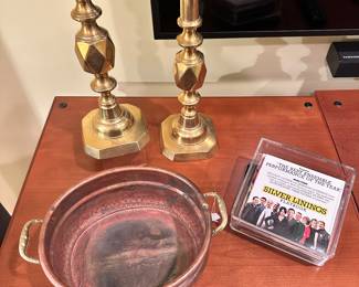 Gorgeous Brass Handled Bowl Shown with a Pair of Stamped The Queen of Diamonds Brass Candlesticks and a Selection of Advance Release Copies of Movies.
