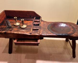 Antique Cobblers Bench with Original Leather Seat and Pull Out Drawer,  46"W x 19"D x 20"H.