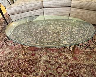 Elegant Italian Glas and Brass Coffee Table Available, 49"W x 28"D x 16"H.