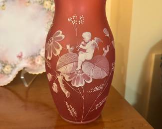 Antique Bohemian Florentine Cameo Signed Vase in Vibrant Pink
