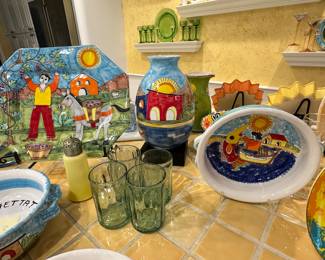 Amazing Collection of Handcrafted Ceramic Bowls and Serving Pieces from Italian Nino Parrucca Collection and Set of 4 Green Mist Hand Blown Glass Tumblers by Salime Cruces.