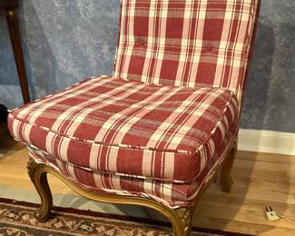 Charming French Slipper Chair with Carved Detailing on the Wooden Legs.