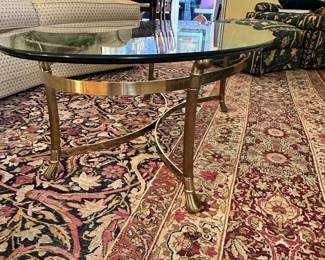 Detailed View of the Brass Base and Thick Beveled Glass Top Italian Coffee Table.