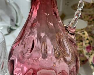 Beautiful Fenton Art Glass "Dot Optic" Cranberry Decanter with Crystal Handle.
