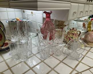 Beautiful Italian Royal Crystal Rock Tumblers "Opera" Set of 6 Opera Bar Glasses Shown with a Set of 6 Waterford "Marquis" Rocks Glasses.