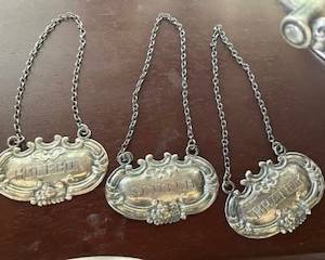 Antique Sterling Wallace Ornate Liquor Labels, Bourbon, Scotch & Brandy.