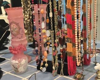 Still More Lovely Jewelry Available, This Selection is all Chico's and is shown with a 13" Victorian Satin Glass Pink Hand Painted Vase and Lovely Beaded Clutch Made in France.