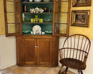 Gorgeous Statton "Old Towne" Cherry Corner Cabinet Available Shown With an Antique Windsor Arm Chair and a Pair of Borofsky Framed Oil on Canvas Pictures.