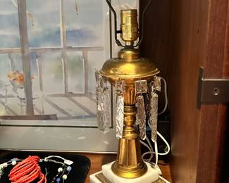 Antique American Brass Astral Lamp with Prisms Attributed to the Sandwich Glass Company, One of Several Available.