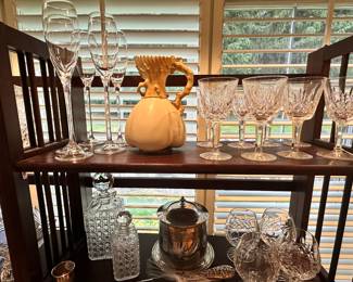 Royal Worchester Gilt Pitcher Circa 1892 Shown With Waterford "Lismore" Wine Glasses and More.