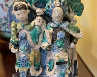 19th Century Chinese Ceramic Hand Painted Figural Shiwan Ware Pottery Wall Pocket.