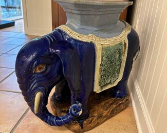 Ceramic Handmade and Painted Chinese Cobalt Blue Elephant Pedestal Stand, 11"W x 25"D x 22"H.