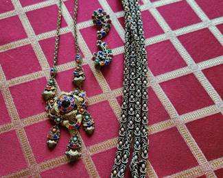 Antique Necklace on the left. Vintage Earrings. Long strand necklace.