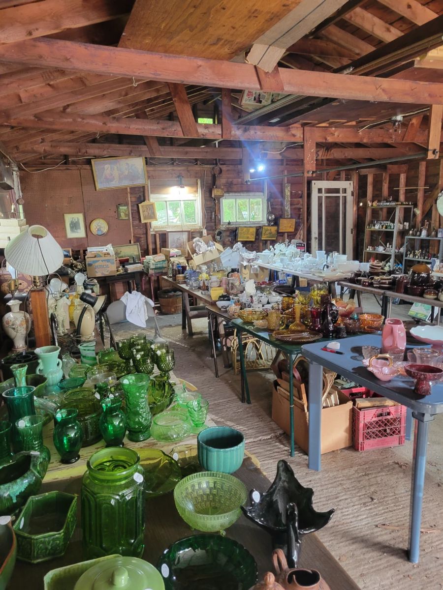 2 car garage full of old pottery, glassware, collectables