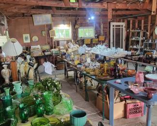 2 car garage full of old pottery, glassware, collectables