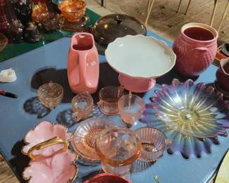 Fiesta, pink depression glass, hall, pink cake stand, iridescent carnival