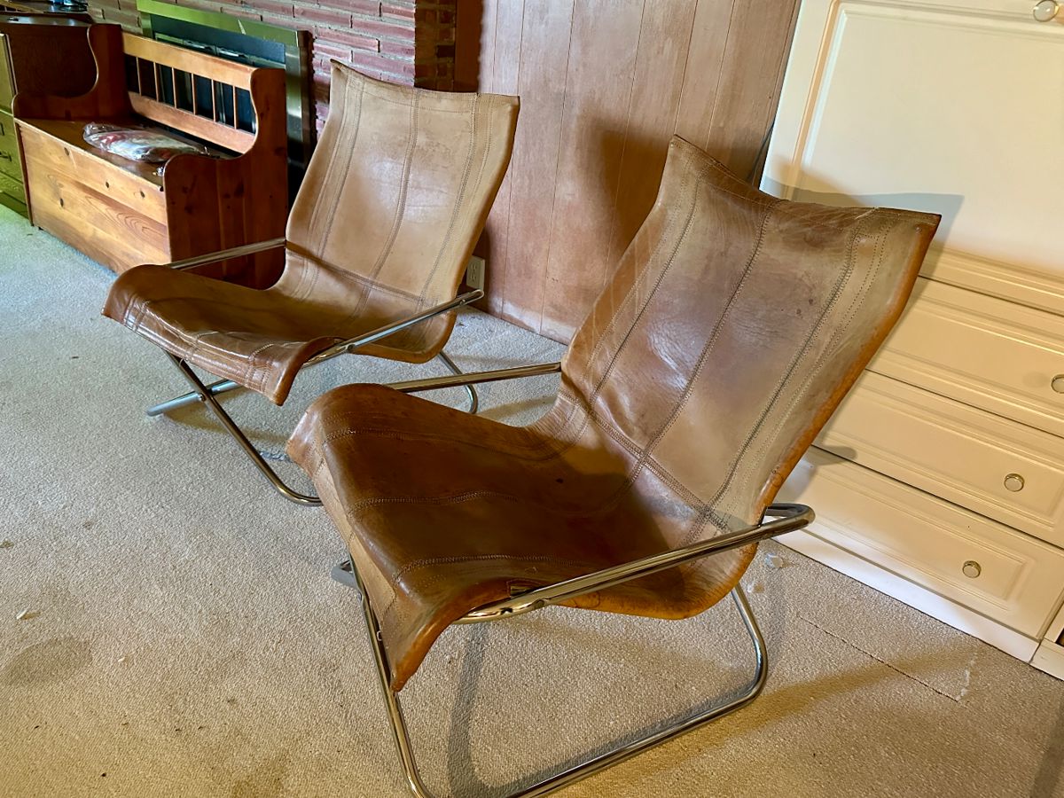 Great pair of Vintage Mid-Century Modern Takeshi Nii Leather sling chairs - fold too.