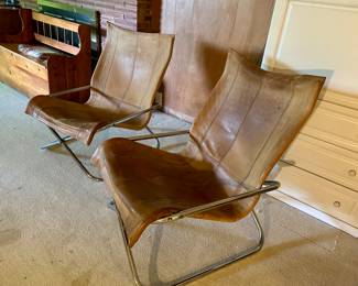 Great pair of Vintage Mid-Century Modern Takeshi Nii Leather sling chairs - fold too.