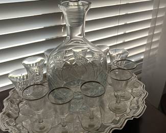 VINTAGE DECANTER, CORDIAL GLASSES, SILVERPLATE SERVING TRAY