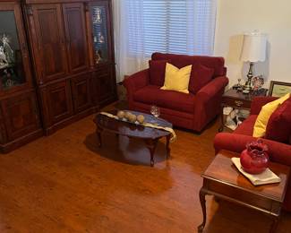 3 PC WALL UNIT - CAN BE SOLD AS INDIVIDUAL PCS. 2 TWIN SLEEPER SOFAS, QUALITY END AND COFFEE TABLES