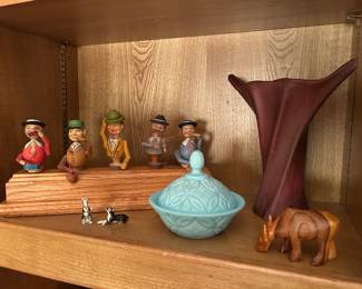 vintage german hand-carved and painted cork wine stoppers, Fostoria candy dish