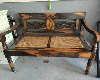 #413 Weathered Wood & Cane Bench 48x26x33