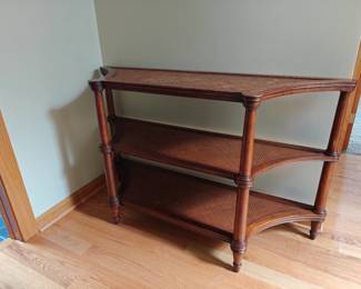 #208 Ethan Allen Three Tier Rattan Console Table 54x18x32
