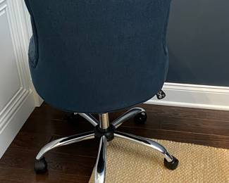 Blue button tufted, upholstered swivel rolling desk chair