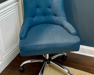 Blue button tufted, upholstered swivel rolling desk chair