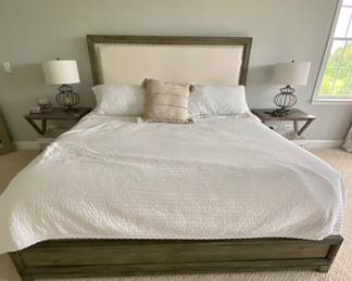 Master King size sleep number bed with ivory and ash upholstered headboard