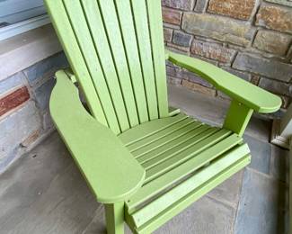 Lime green polywood Adirondack chairs and side table, 2 matching chairs