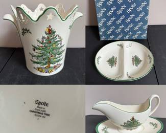 Spode Christmas Tree Divided Serving Dish. 2 Pc Gravy Boat