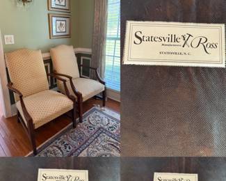 Pair Statesville Furniture Co Georgian Style Mahogany Upholstered Library Chairs